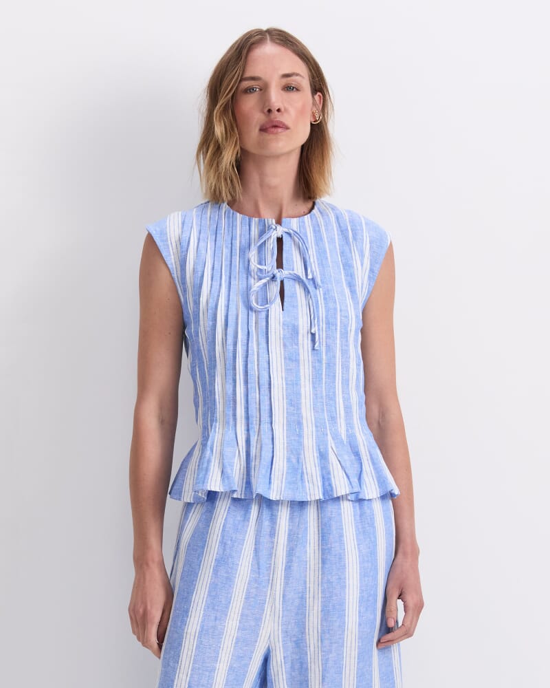 Ariana Pintuck Linen Blouse in BLUE/WHITE