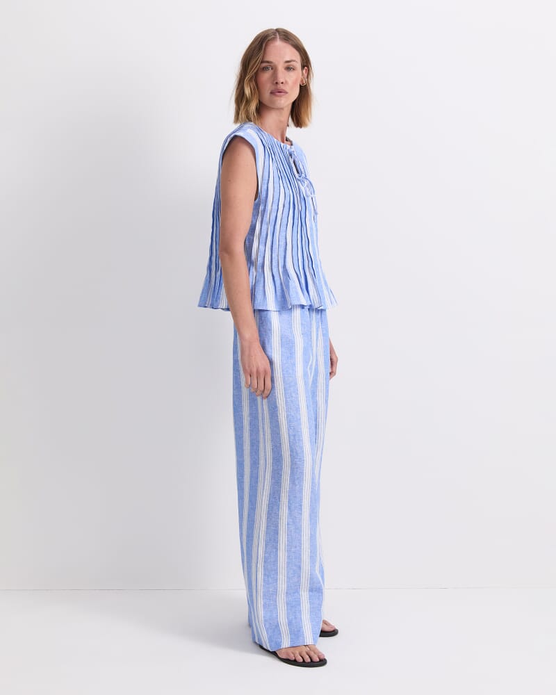 Ariana Pintuck Linen Blouse in BLUE/WHITE