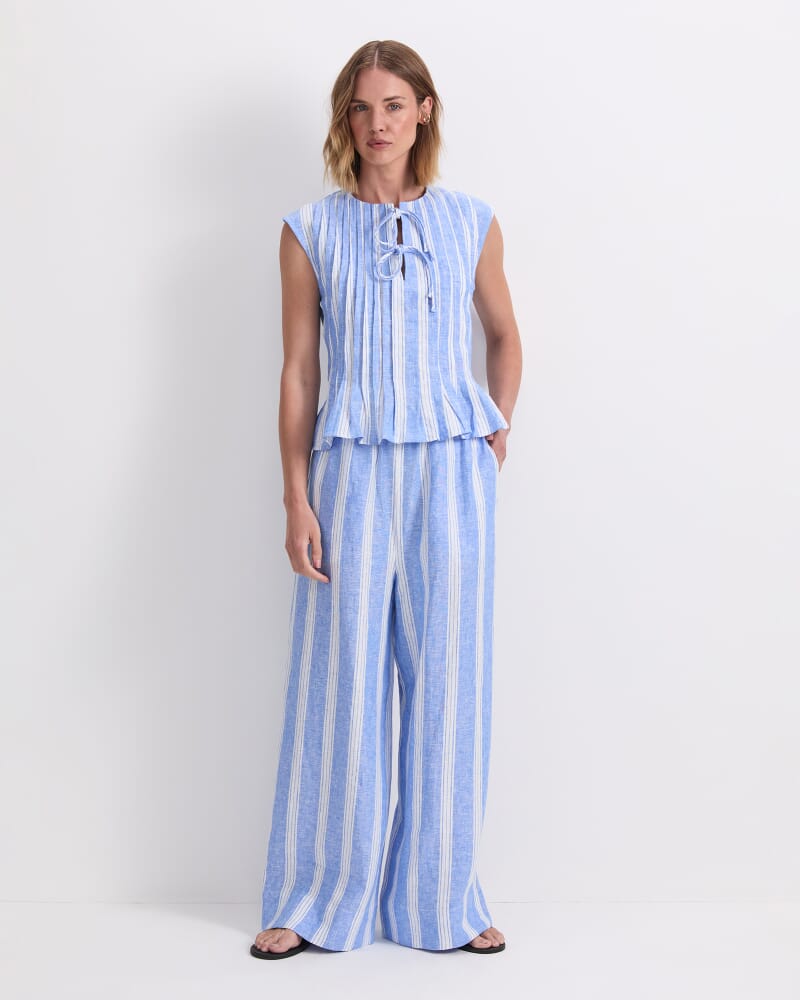 Ariana Pintuck Linen Blouse in BLUE/WHITE