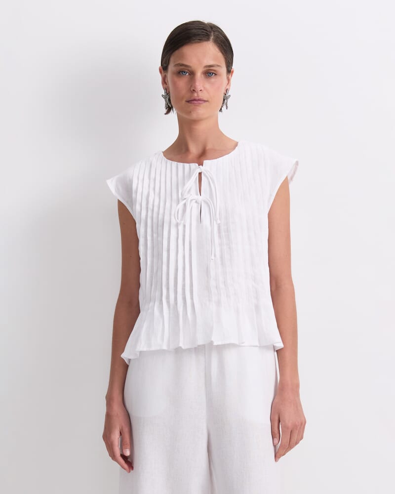 Ariana Pintuck Linen Blouse in WHITE