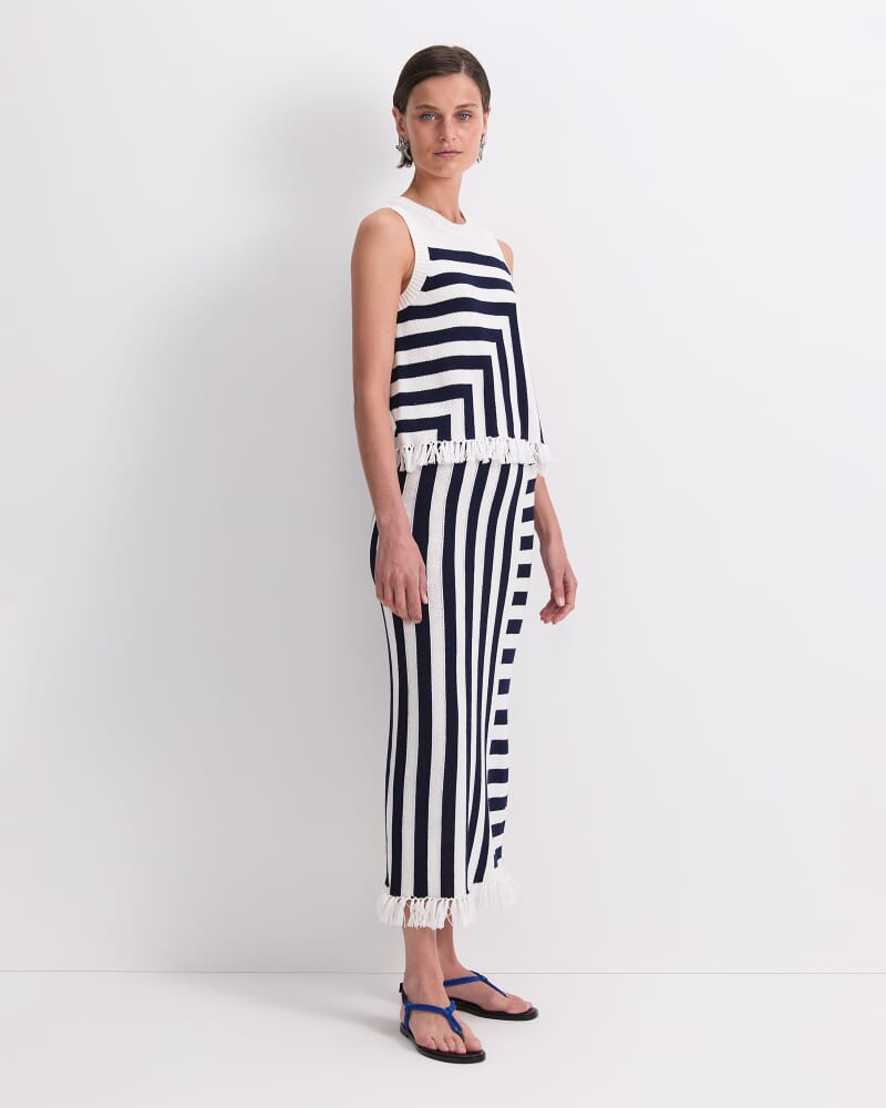 Avoca Fringe Knit Top in WHITE/NAVY