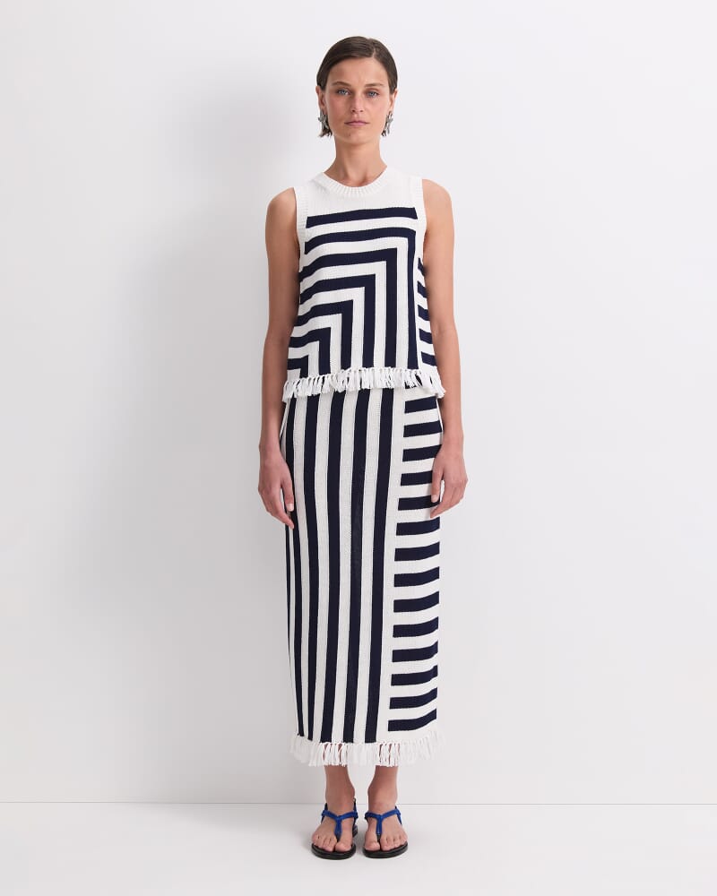 Avoca Fringe Knit Top in WHITE/NAVY