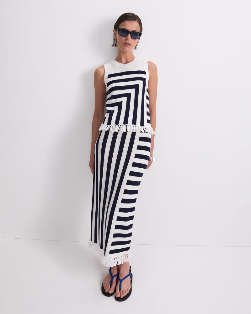 Avoca Fringe Knit Top in WHITE/NAVY