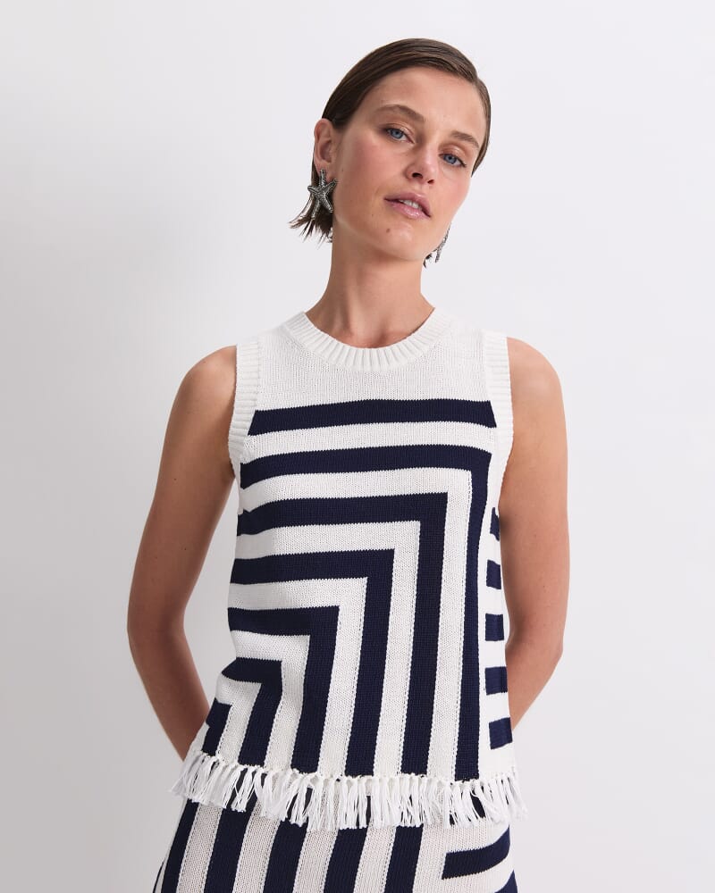 Avoca Fringe Knit Top in WHITE/NAVY