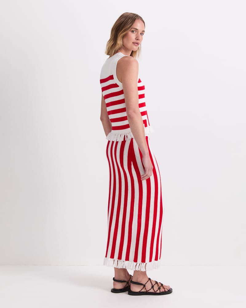 Avoca Fringe Knit Top in WHITE/RED