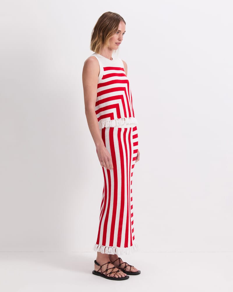 Avoca Fringe Knit Top in WHITE/RED