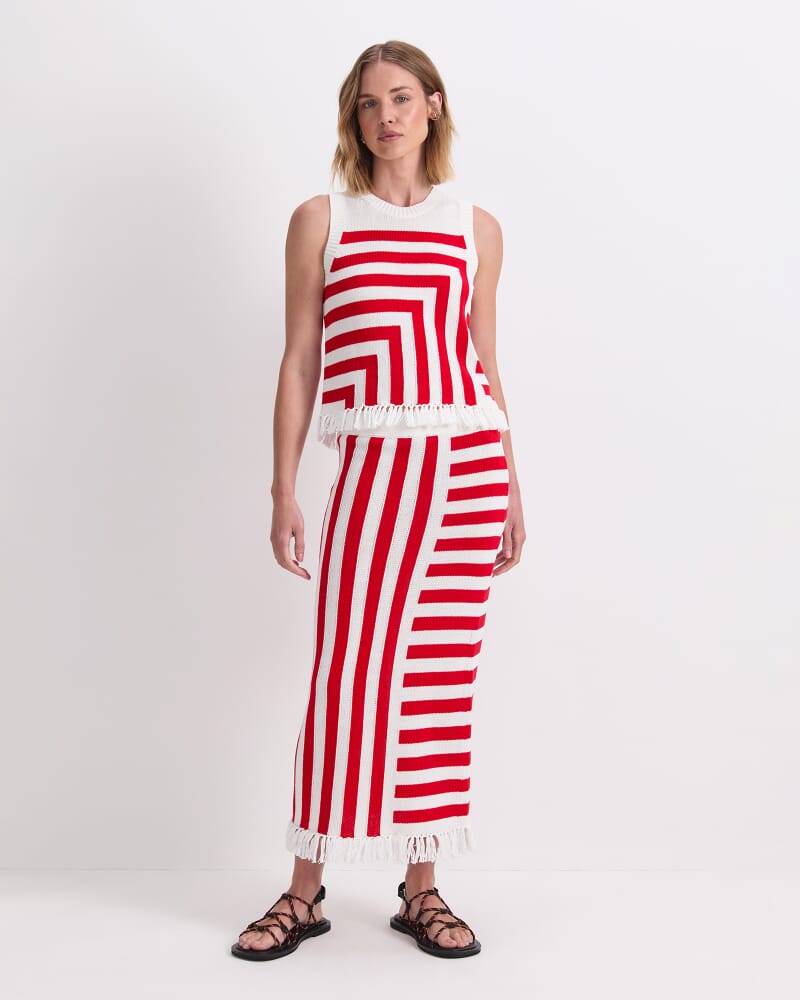 Avoca Fringe Knit Top in WHITE/RED