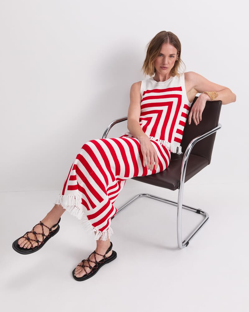 Avoca Fringe Knit Top in WHITE/RED