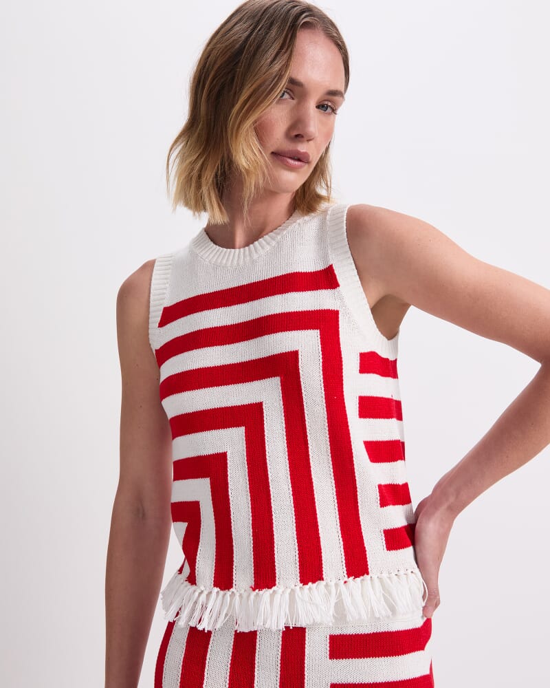 Avoca Fringe Knit Top in WHITE/RED