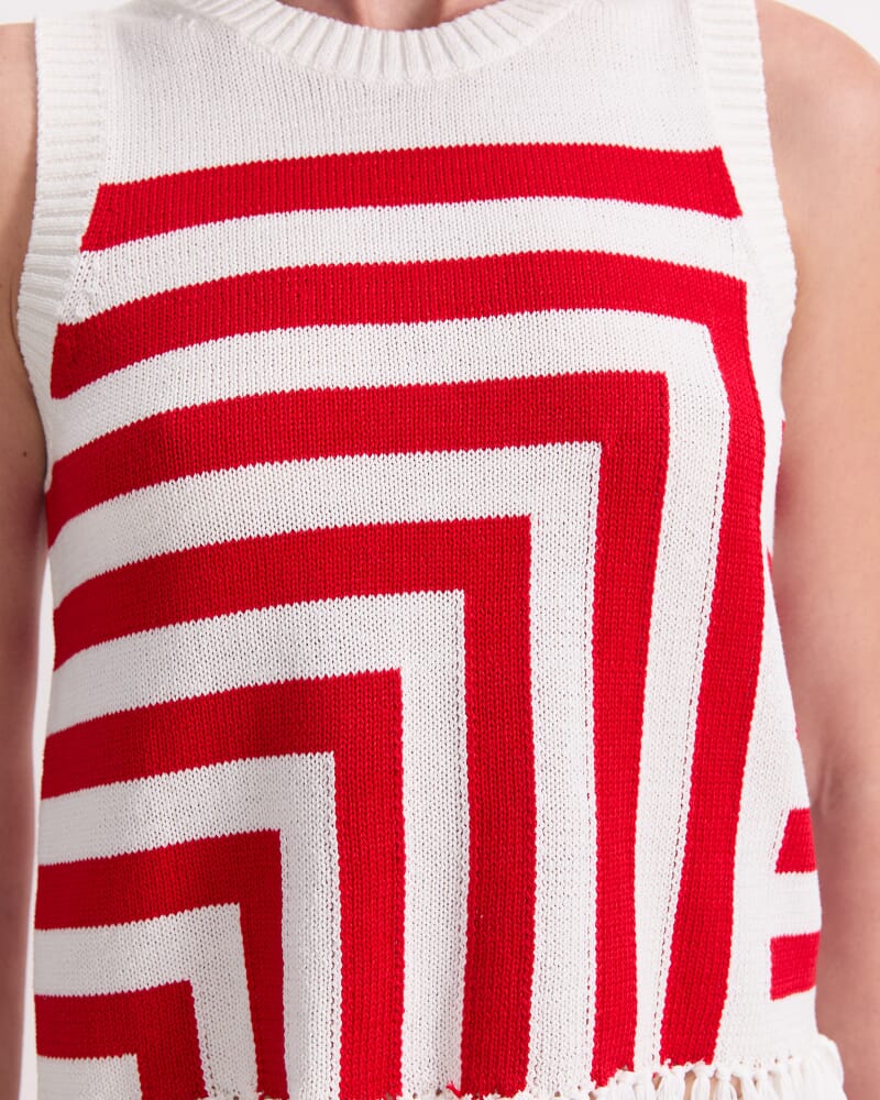 Avoca Fringe Knit Top in WHITE/RED