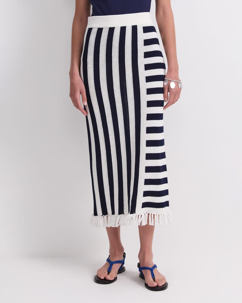 Avoca Fringe Knit Midi Skirt in WHITE/NAVY