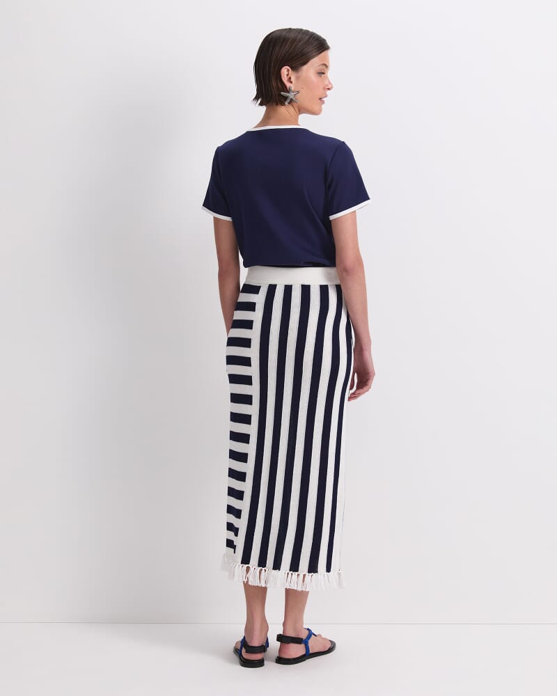 Avoca Fringe Knit Midi Skirt in WHITE/NAVY