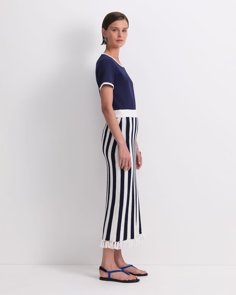 Avoca Fringe Knit Midi Skirt in WHITE/NAVY