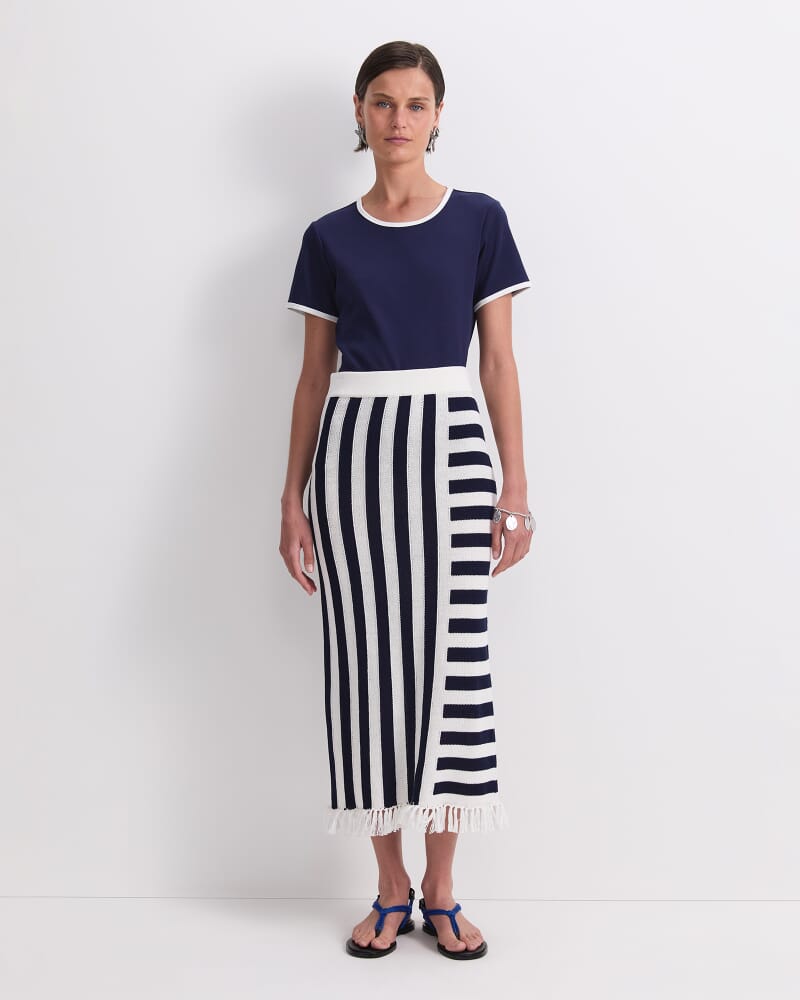 Avoca Fringe Knit Midi Skirt in WHITE/NAVY