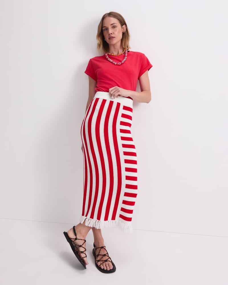 Avoca Fringe Knit Midi Skirt in WHITE/RED