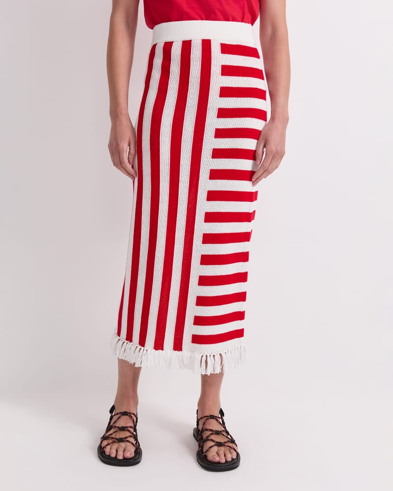 Avoca Fringe Knit Midi Skirt in WHITE/RED