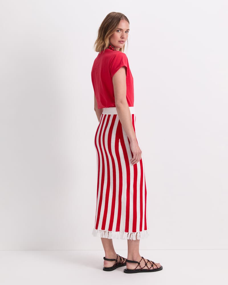 Avoca Fringe Knit Midi Skirt in WHITE/RED