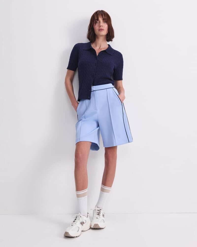 Cotton Cable Short Sleeve Knit Top in NAVY