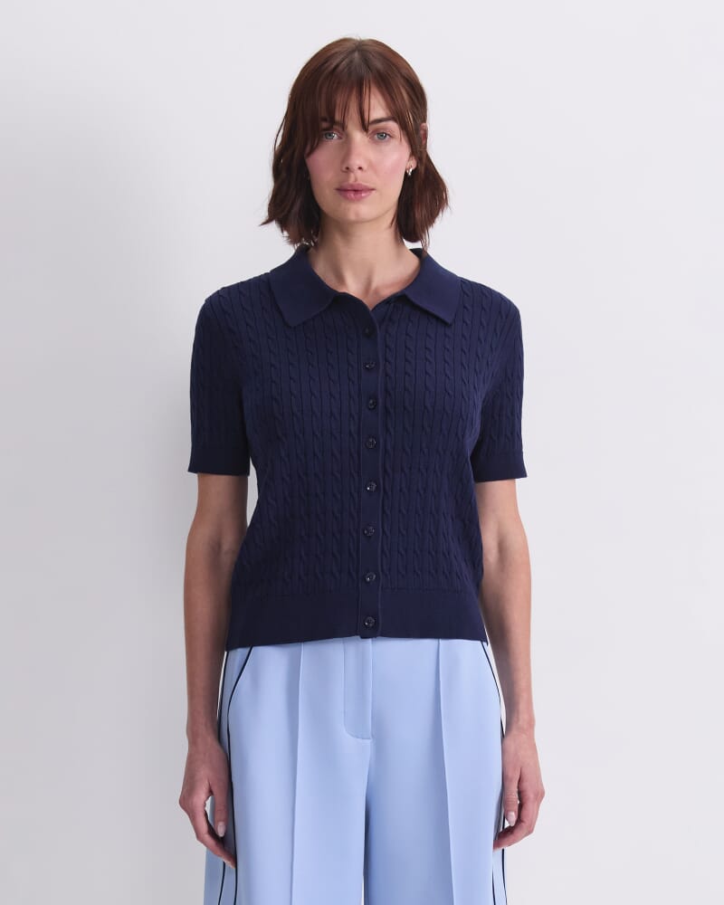 Cotton Cable Short Sleeve Knit Top in NAVY