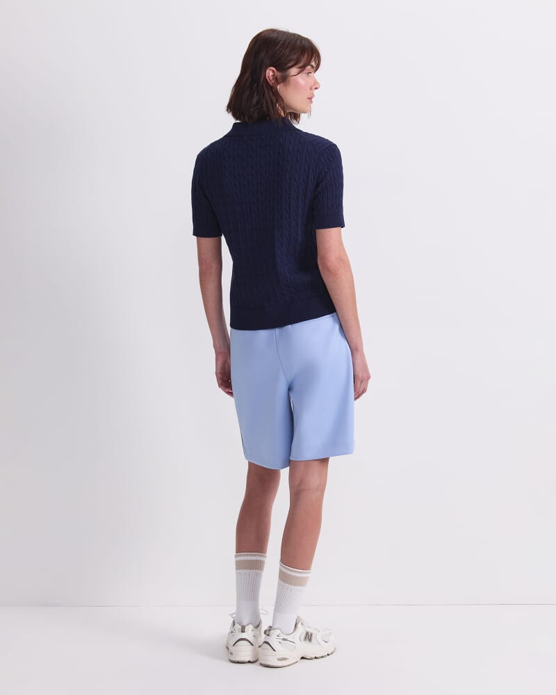 Cotton Cable Short Sleeve Knit Top in NAVY