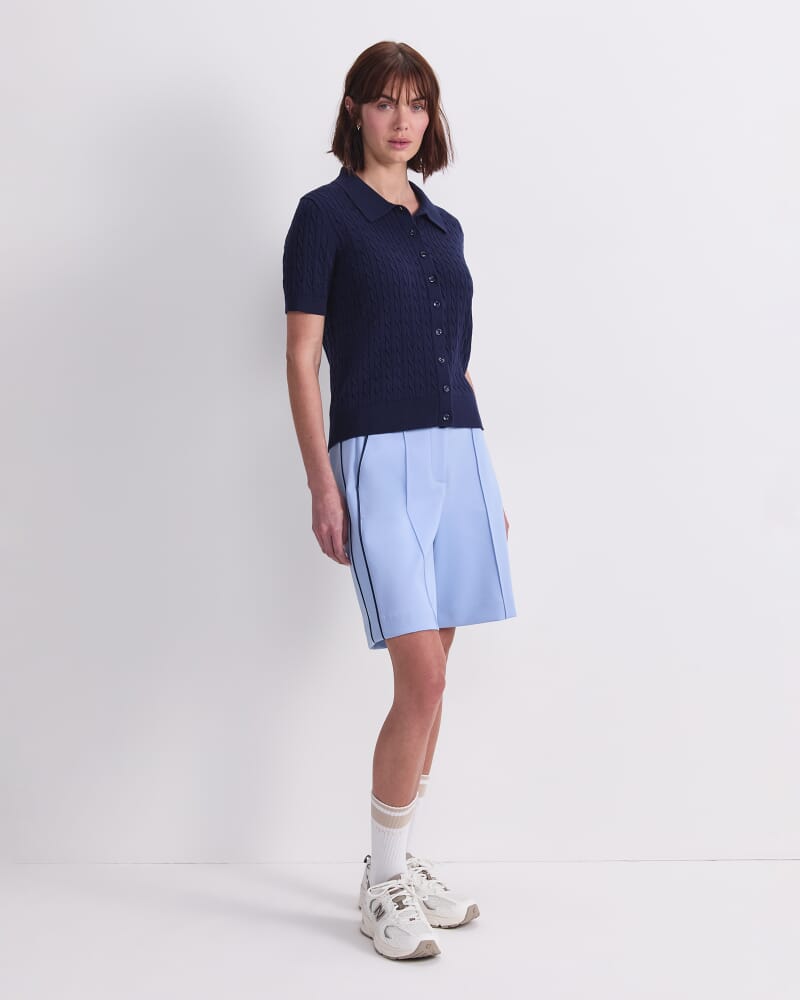 Cotton Cable Short Sleeve Knit Top in NAVY