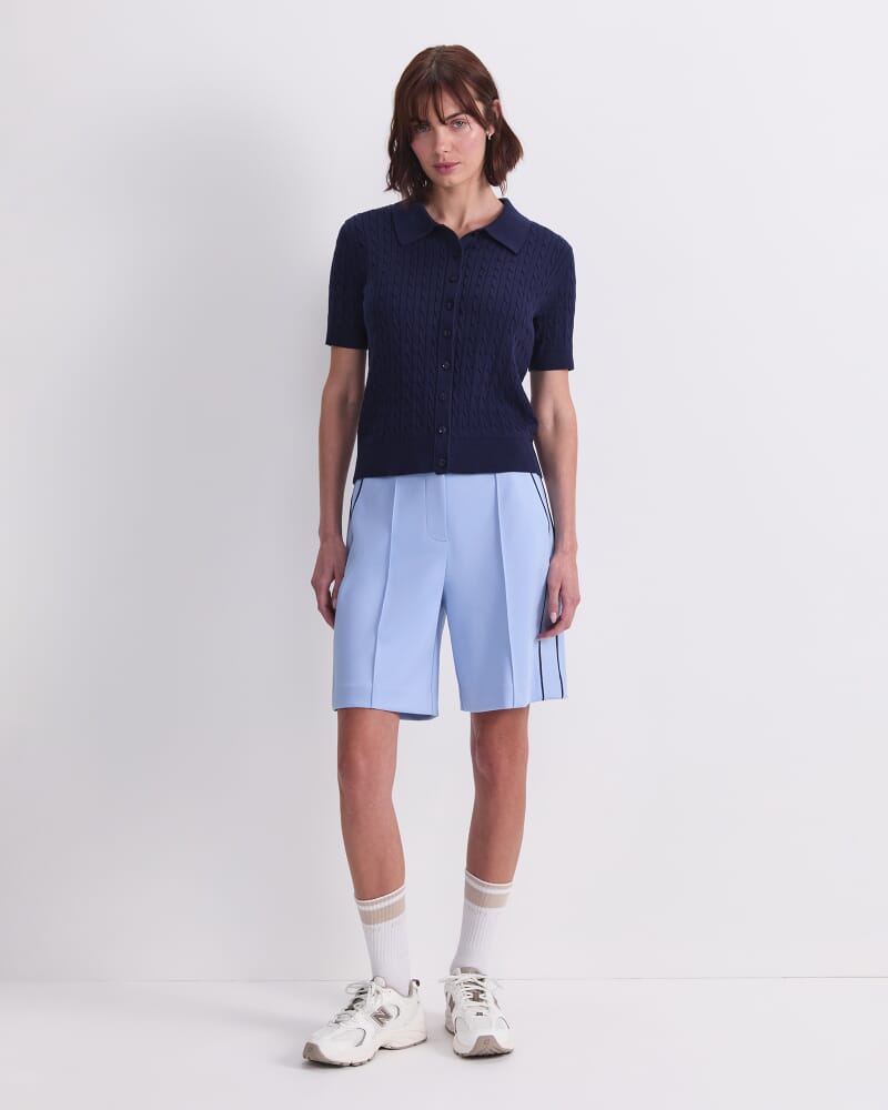 Cotton Cable Short Sleeve Knit Top in NAVY