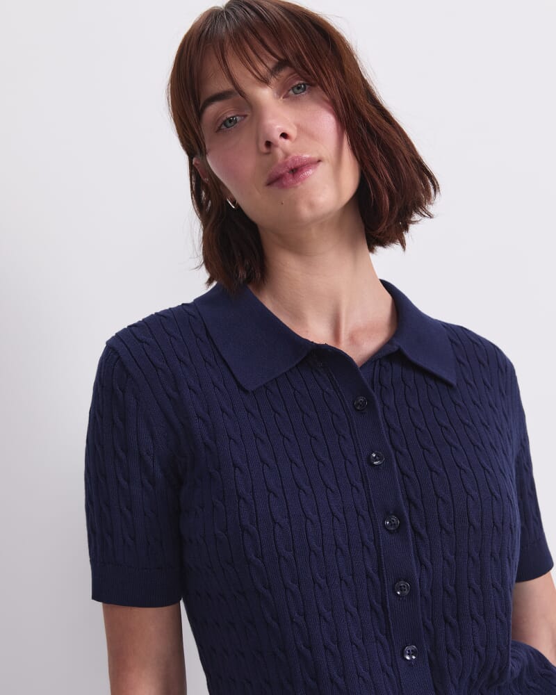 Cotton Cable Short Sleeve Knit Top in NAVY