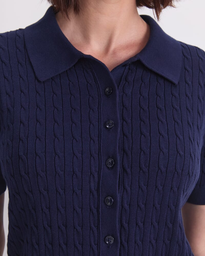 Cotton Cable Short Sleeve Knit Top in NAVY