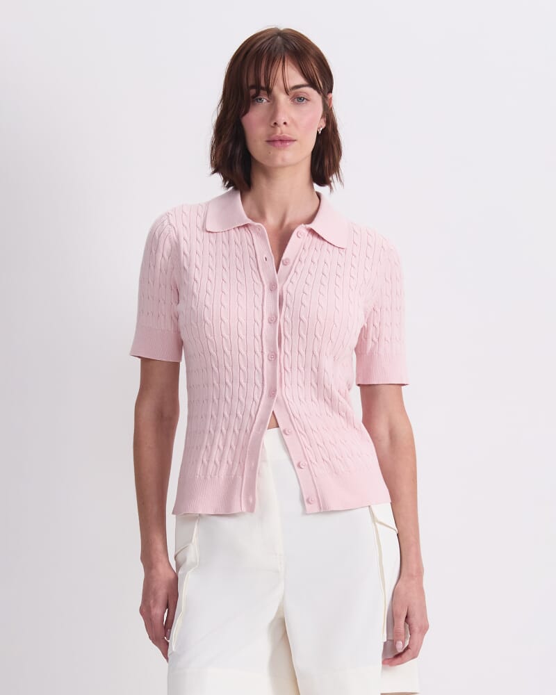 Cotton Cable Short Sleeve Knit Top in PEONY