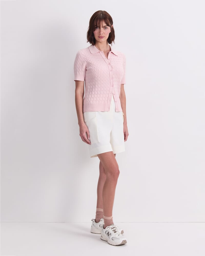 Cotton Cable Short Sleeve Knit Top in PEONY