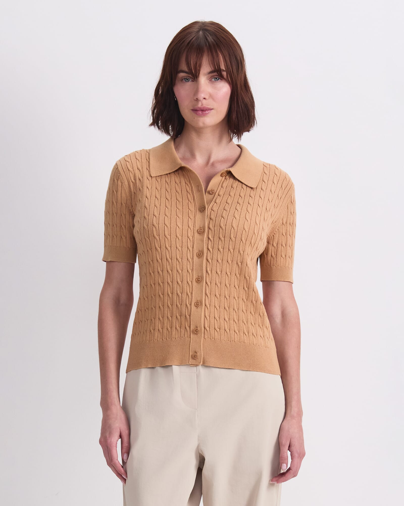 Cotton Cable Short Sleeve Knit Top in Sand | Sportscraft
