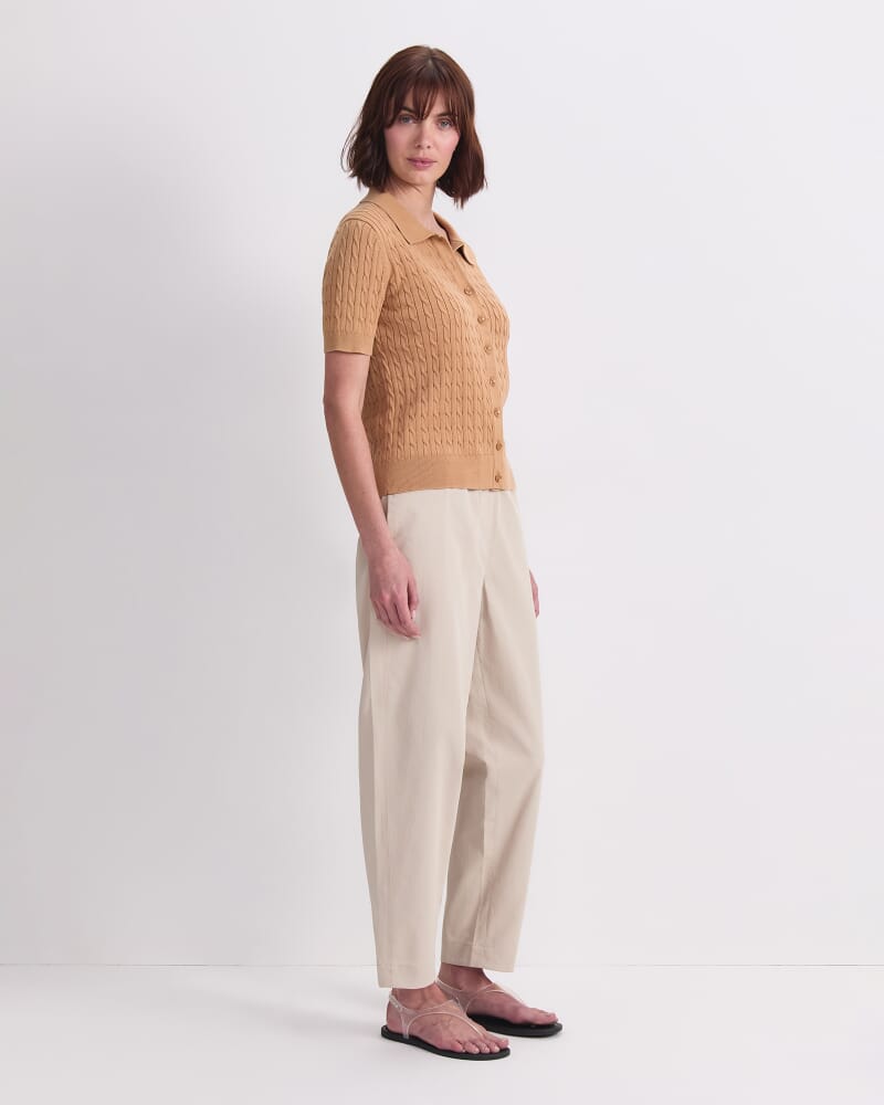 Cotton Cable Short Sleeve Knit Top in SAND