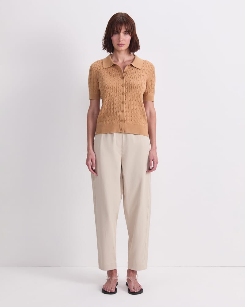 Cotton Cable Short Sleeve Knit Top in SAND