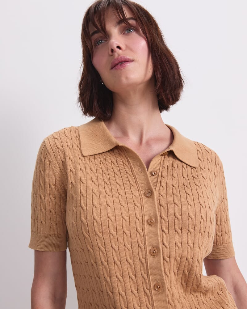 Cotton Cable Short Sleeve Knit Top in SAND