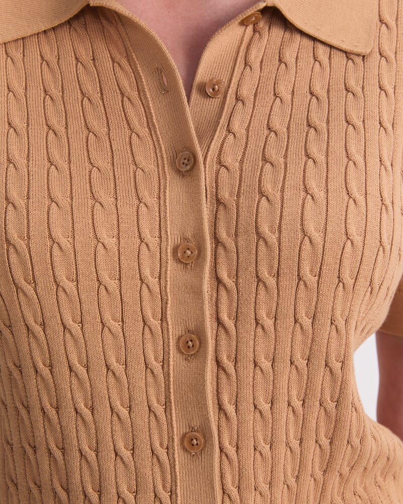 Cotton Cable Short Sleeve Knit Top in SAND