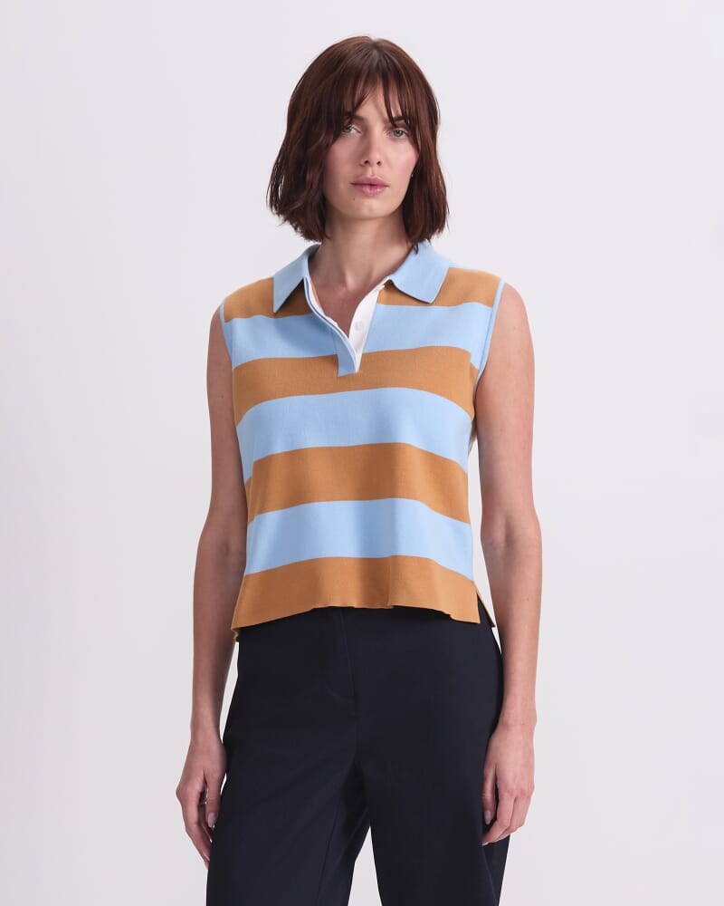 Knit Sleeveless Polo Tank in BLUE/BROWN