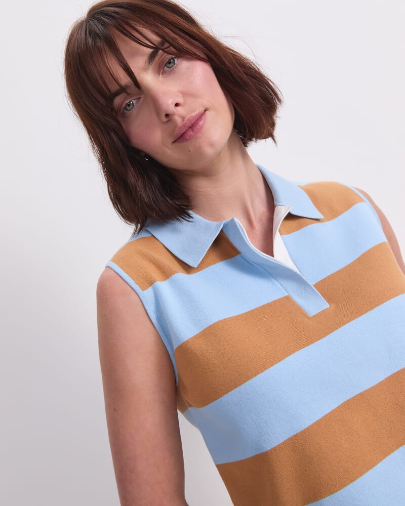 Knit Sleeveless Polo Tank in BLUE/BROWN