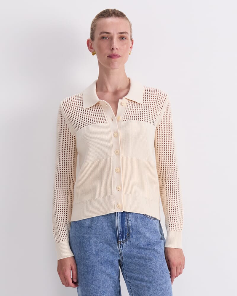 Elka Pointelle Shirt Cardigan in ECRU