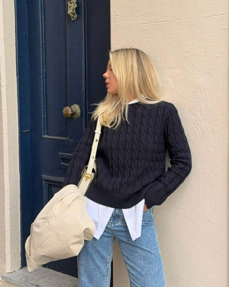 Merino Cable Sweater in NAVY