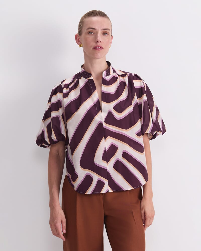 Penny Short Sleeve Cotton Silk Blouse in IVORY/BURGUNDY