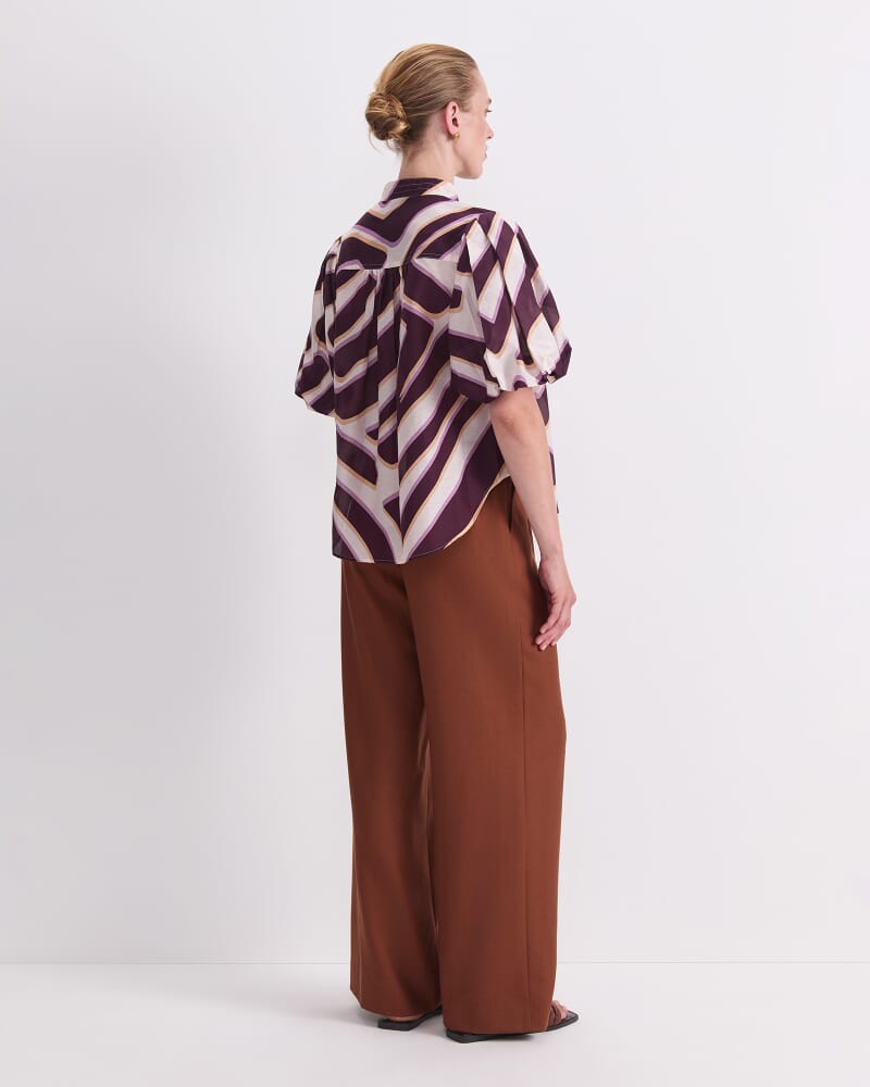 Penny Short Sleeve Cotton Silk Blouse in IVORY/BURGUNDY