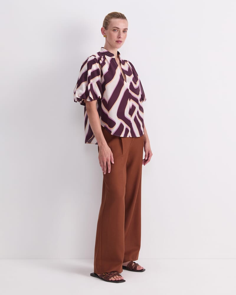 Penny Short Sleeve Cotton Silk Blouse in IVORY/BURGUNDY