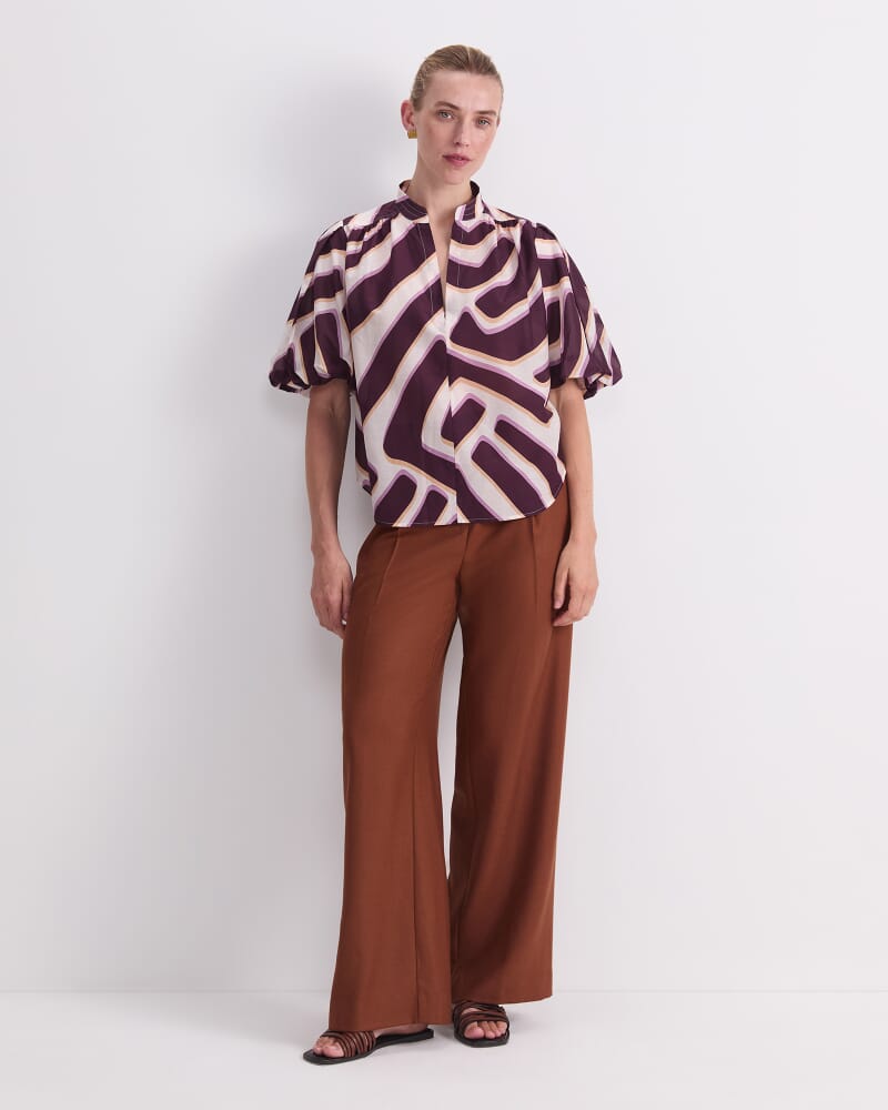 Penny Short Sleeve Cotton Silk Blouse in IVORY/BURGUNDY