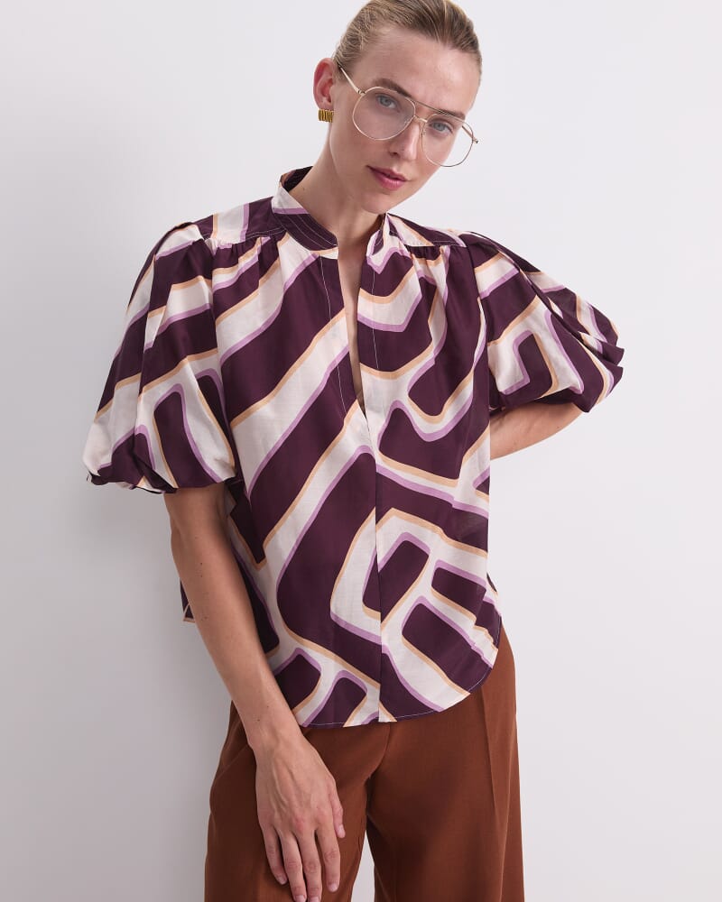 Penny Short Sleeve Cotton Silk Blouse in IVORY/BURGUNDY