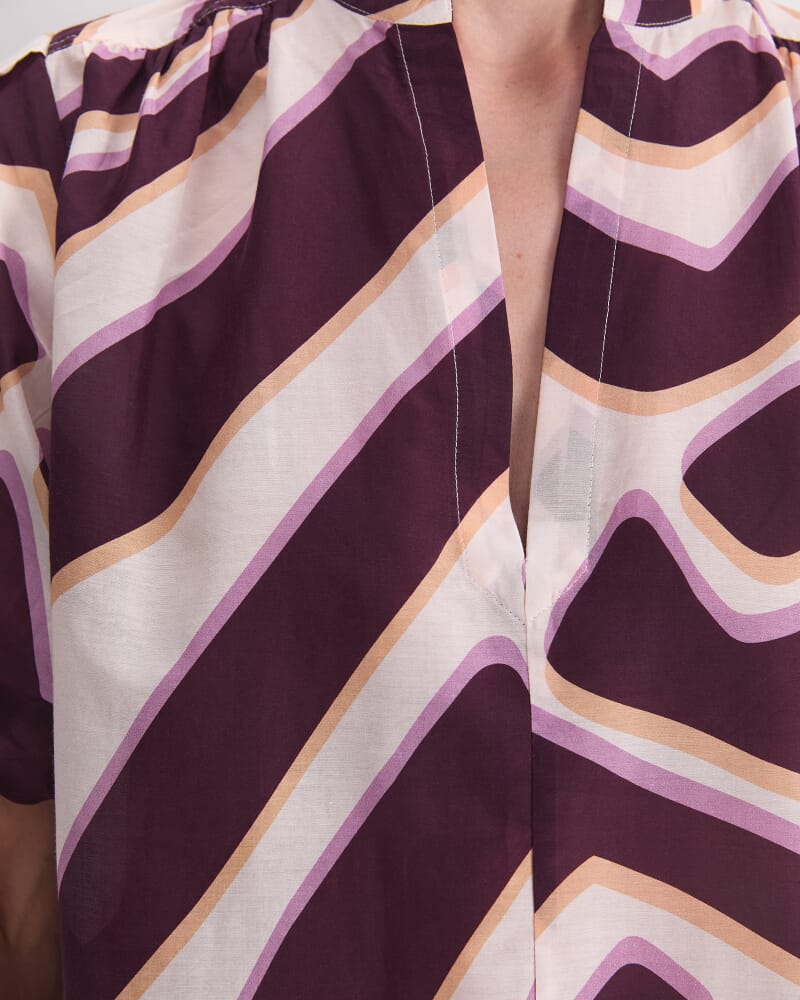 Penny Short Sleeve Cotton Silk Blouse in IVORY/BURGUNDY