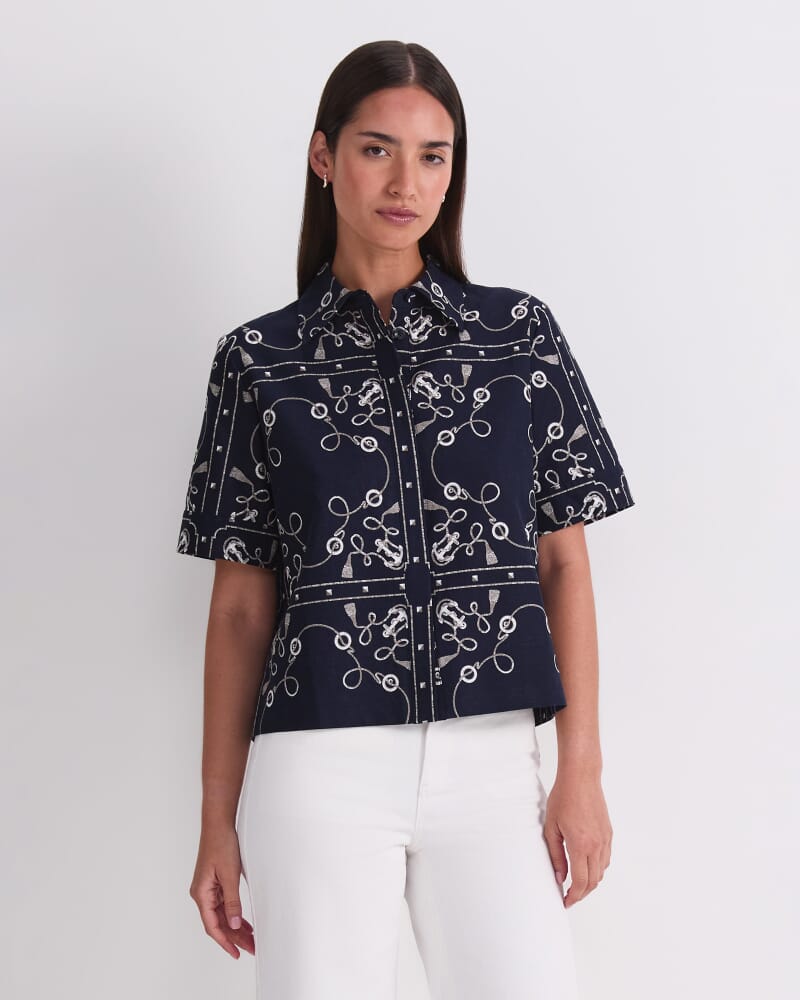 Sardinia Print Blouse in NAVY/IVORY
