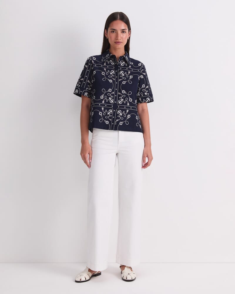 Sardinia Print Blouse in NAVY/IVORY