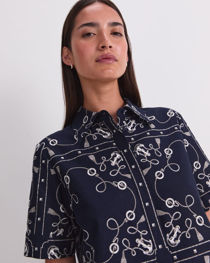 Sardinia Print Blouse in NAVY/IVORY