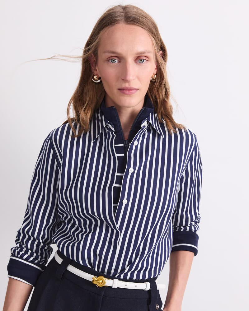 Hannah Stripe Cotton Silk Shirt in NAVY/IVORY