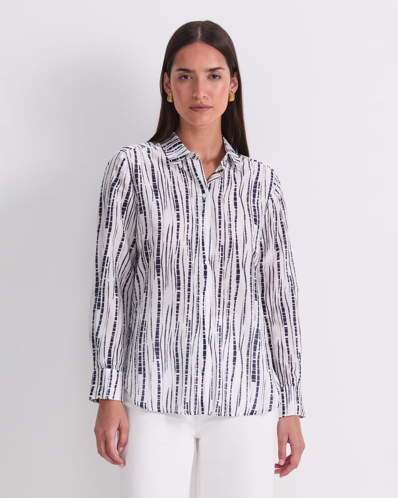 Stripe Cotton/Silk Long Sleeve Shirt in WHITE/NAVY